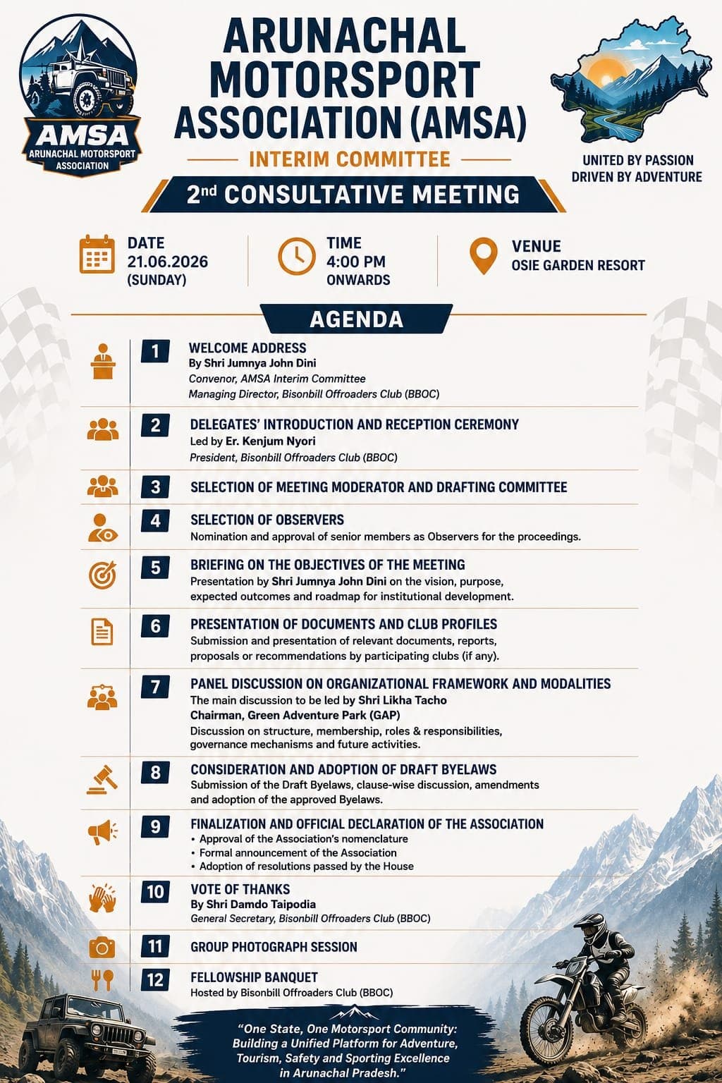 The printed agenda card for the 2nd Consultative Meeting, listing twelve agenda items, the date of 21 June 2026 and the venue at Osie Garden Resort.