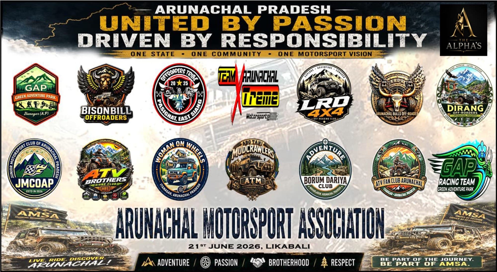 The founding banner of the Arunachal Motorsport Association, carrying the marks of the participating clubs beneath the line United by Passion, Driven by Responsibility.